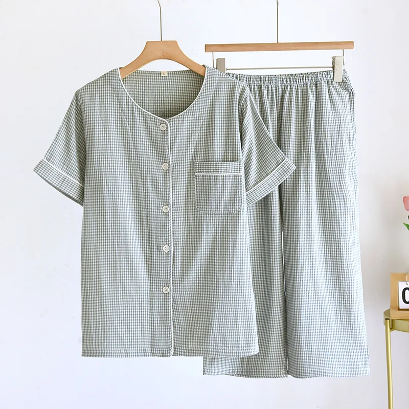 Stylish Comfortable Summer Pajama Set Couple's Yarn-Dyed Short-Sleeved Plaid Top Calf-Length Pants Sleepwear Cotton Loungewear