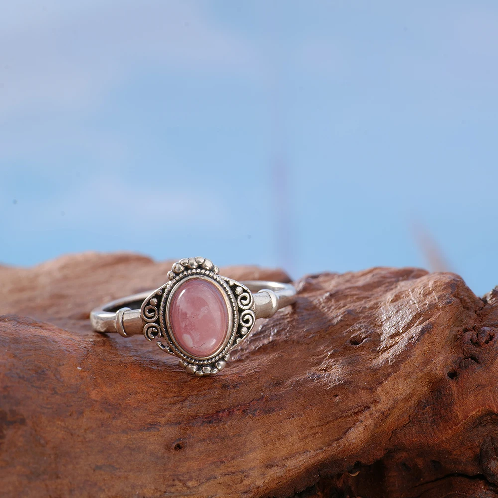 أصيلة S925 الفضة الرودوكروسيت خاتم الطبيعية الوردي الأحجار الكريمة أنيقة الأزهار تصميم البوهيمي المجوهرات هدية