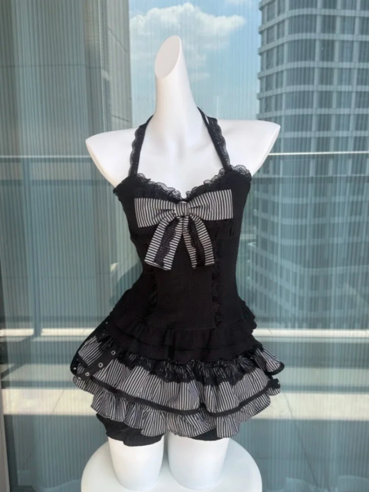 

Женские комплекты из трех предметов в японском консервативном стиле, милые кружевные лоскутные топы с бантом Y2k, клетчатая мини-юбка, костюм в стиле Харадзюку, женские кавайные наряды