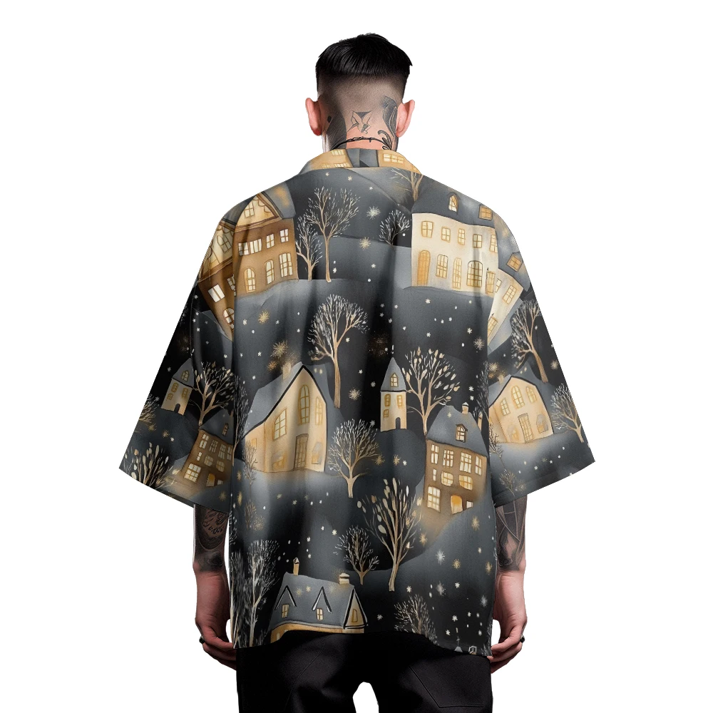 Classic Fashion Kimono Shirt Men's Snow House Printed Clothing Half Sleeve Sports Quick Dry Top