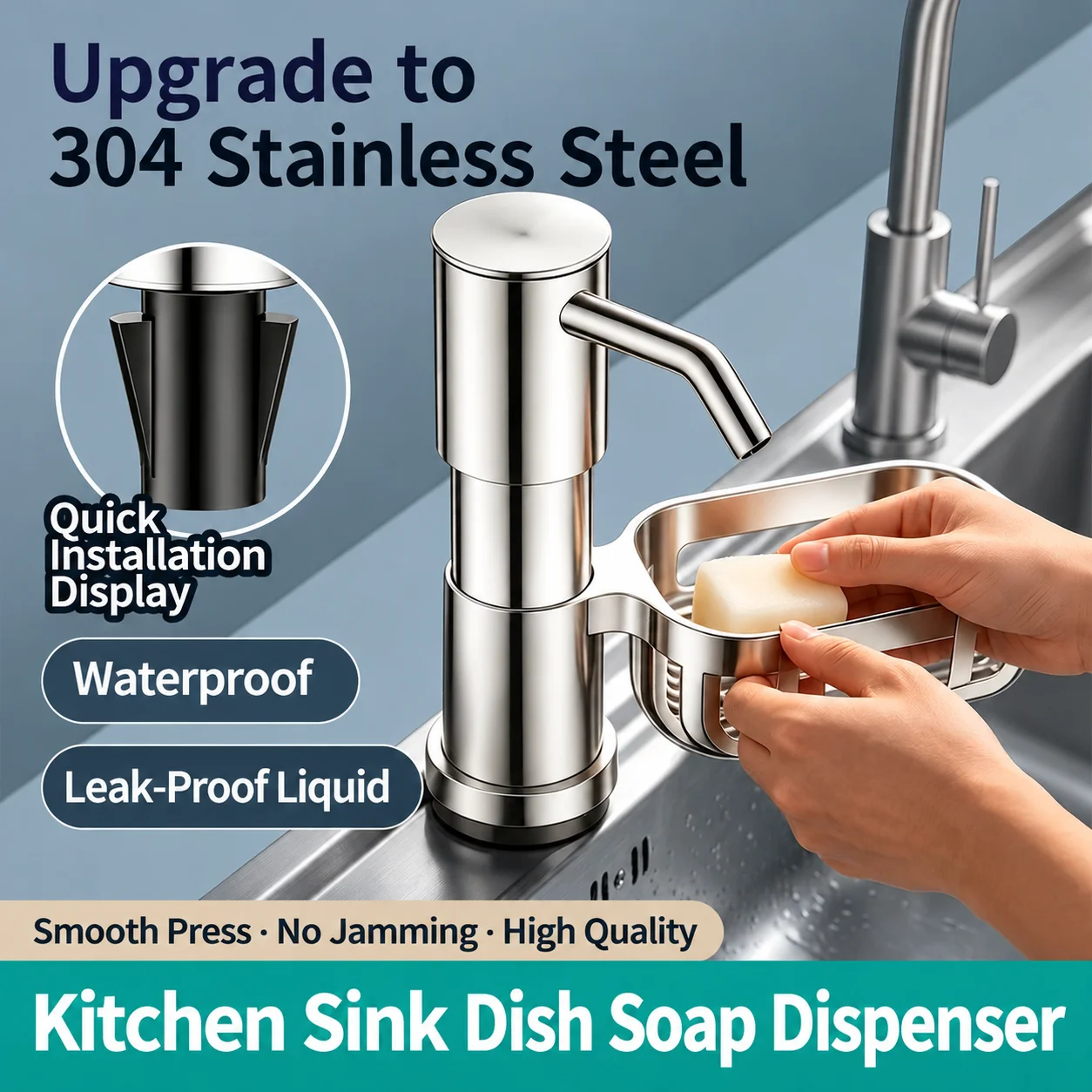 Stainless Steel Kitchen Sink Dish Soap Dispenser Easy Snap on Quick Install Built in Detergent Lotion Pump Head Rust Proof