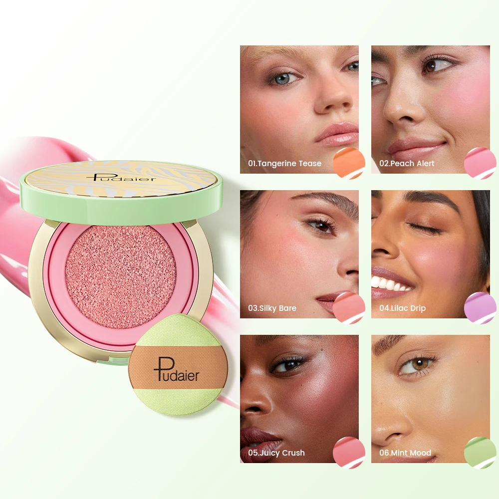 Pudaier 6 Colors Cushion Liquid Blush & Highlighter - Waterproof Long Lasting Cheek Makeup, Natural Glow Blush Palette for Face