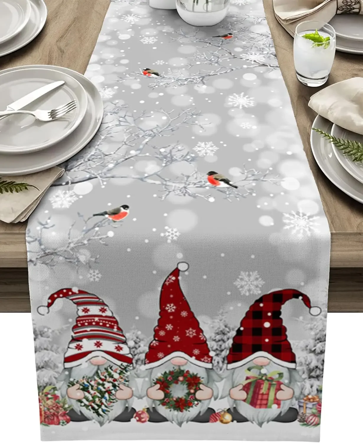 Christmas Gnome Snowflake Branch Bird Linen Table Runner Dresser Scarves Winter Xmas Kitchen Table Runner Christmas Decorations