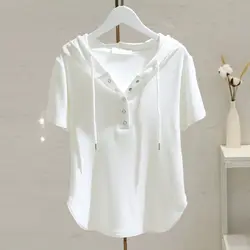 White Drawstring Hooded T-shirt for Women for Short-sleeved 2025 Summer New Fashionable Loose Slim Versatile T-shirt Base Shirt