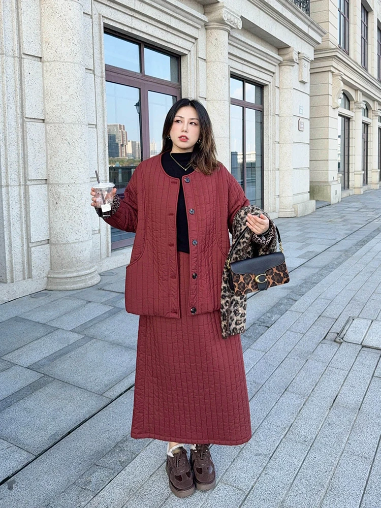 

Комплект из утепленной стеганой хлопковой куртки и юбки Vogana Thiened, большие размеры, теплый зимний наряд, юбка А-силуэта с высокой талией