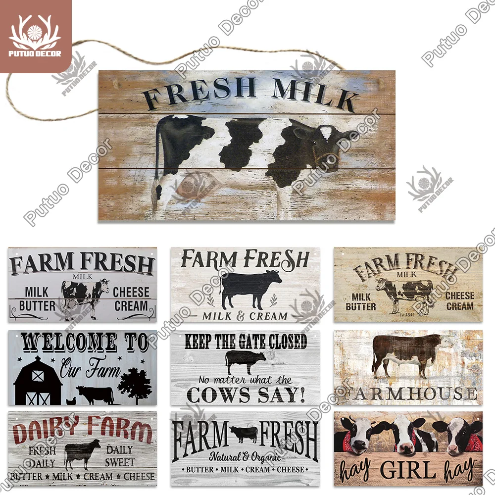 Putuo Decor Cow Wooder Sign Hanging Plaque Farmhouse Sign Decorative Plaque for Farm House Decor Cowshed Decoration Fresh Milk