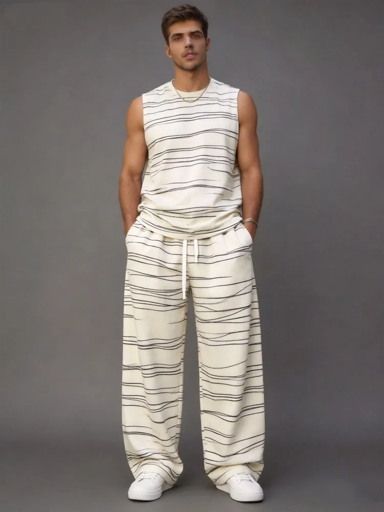 Conjunto Deportivo Informal para Hombre, Chaleco sin Mangas con Rayas Irregulares Minimalistas y Pantalones Deportivos Cómodos para Uso Diario