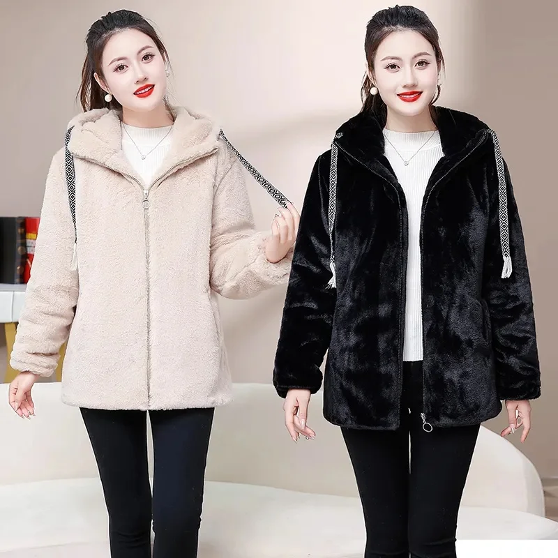 

High-Grade Imitation Rex Rabbit Fur Cotton-Padded Jacket Women Winter New Parkas Loose Hooded Coat Lambswool Outwear Sportshirt