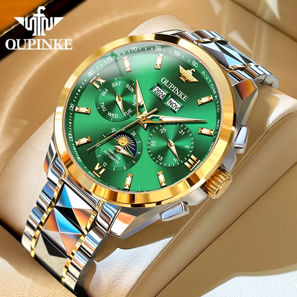 OUPINKE 3201 Wysokiej jakości męski zegarek automatyczny mechaniczny ﻿   Zegarki z kalendarzem wiecznym i fazami księżyca, wodoodporne do 50M, w pudełku prezentowym
