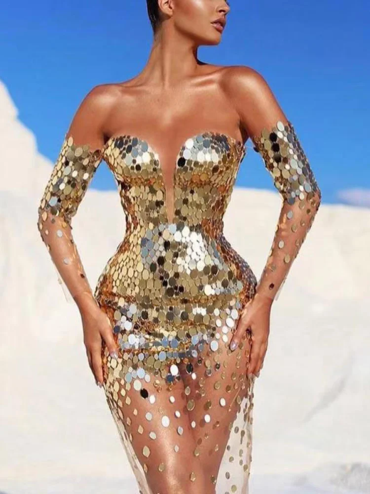 Women Dresses 2026 New European see through summer sequined off shoulder sexy mesh sheer long evening dress clothing vestidoes