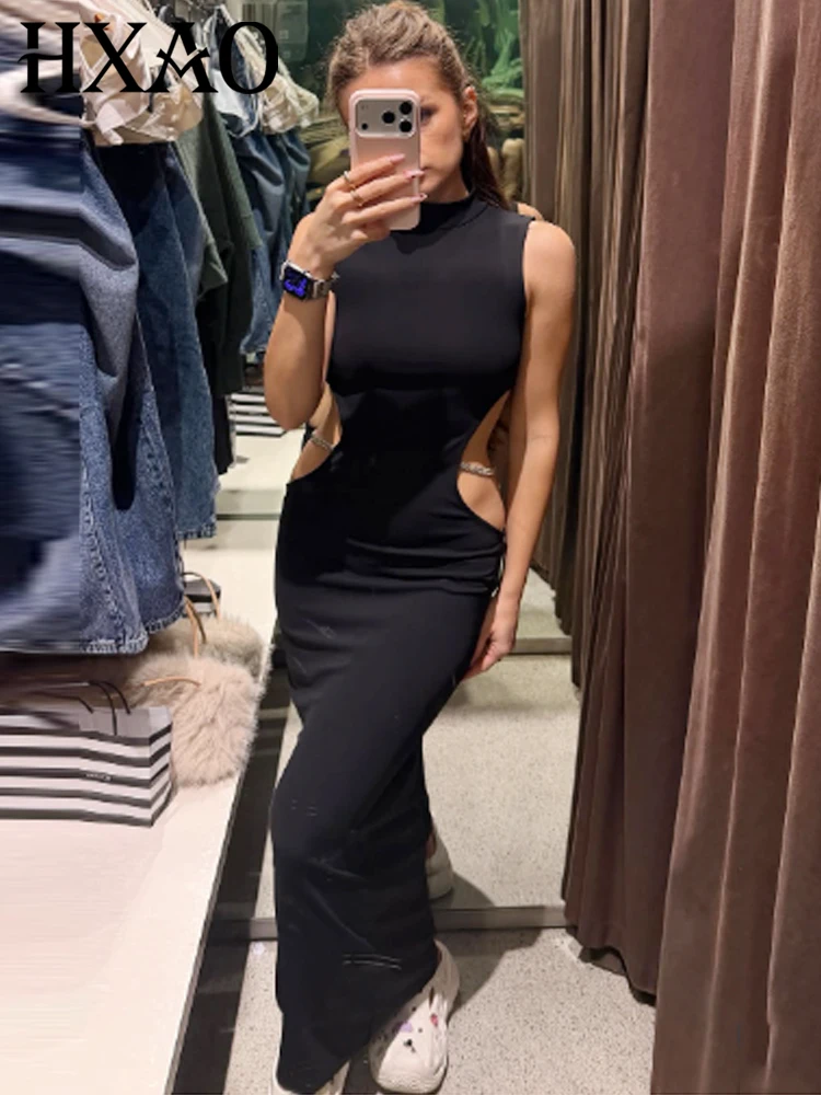 HXAO 라인스톤 블랙 드레스 여성 드레스 우아한 파티 드레스 섹시한 오-넥 컷 아웃 민소매 드레스 숙녀 패션 베스 티드
