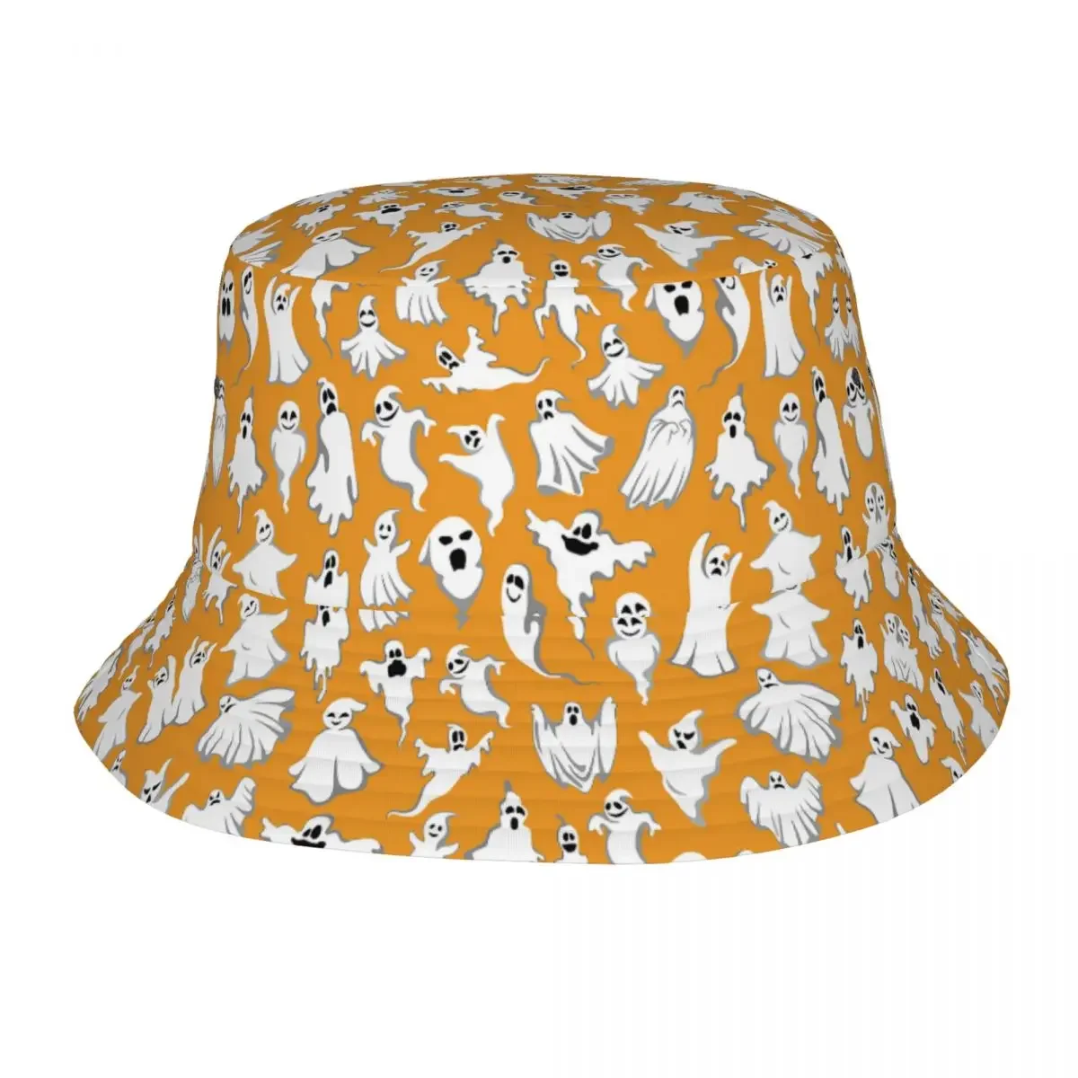 Custom Halloween Horror Orange Ghost Pattern Bucket Hat Men Women Fashion Summer Beach Sun Fisherman Cap