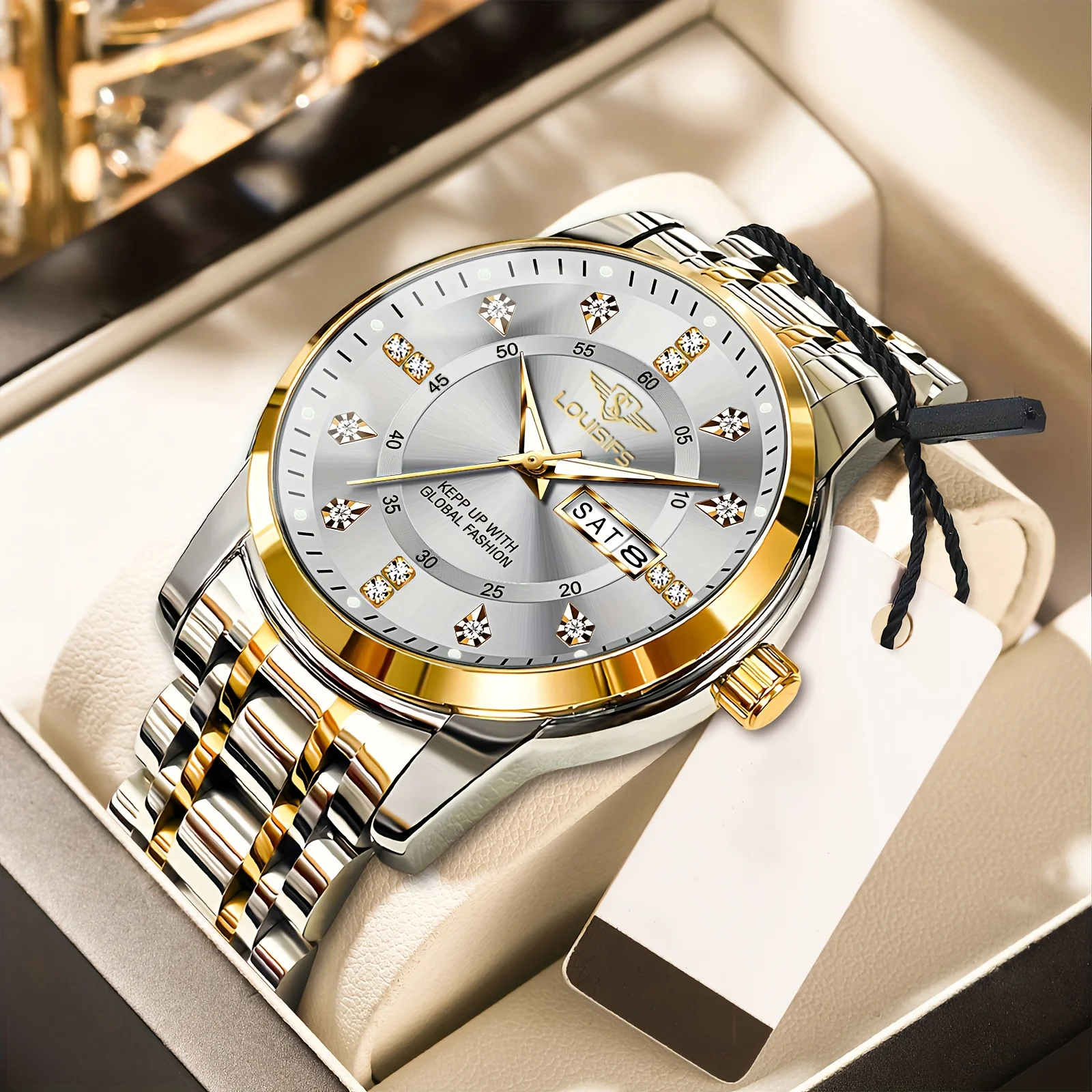 LOUISIFS Деловые мужские часы Водонепроницаемые светящиеся часы с датой недели Изысканные мужские наручные часы Классические мужские кварцевые часы из нержавеющей стали