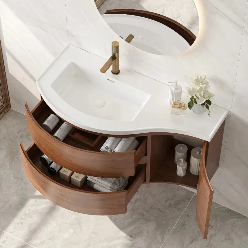Modern Wall Hung Curved Bathroom Vanity Single Sink with Stylish MDF Carcase Drawers Storage Floating Cabinet