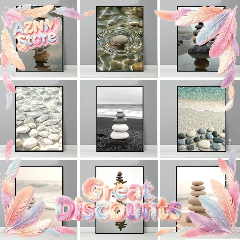 Classic Still Life Seaside Stream River Stone Pile Scenery Poster Canvas Art Painting Printing Home Room Wall Picture Decor G