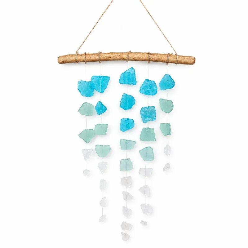 Sea Glass and Driftwood Wind Chime Bohemian Handmade Glass Craft Home Decor Gift 46cm