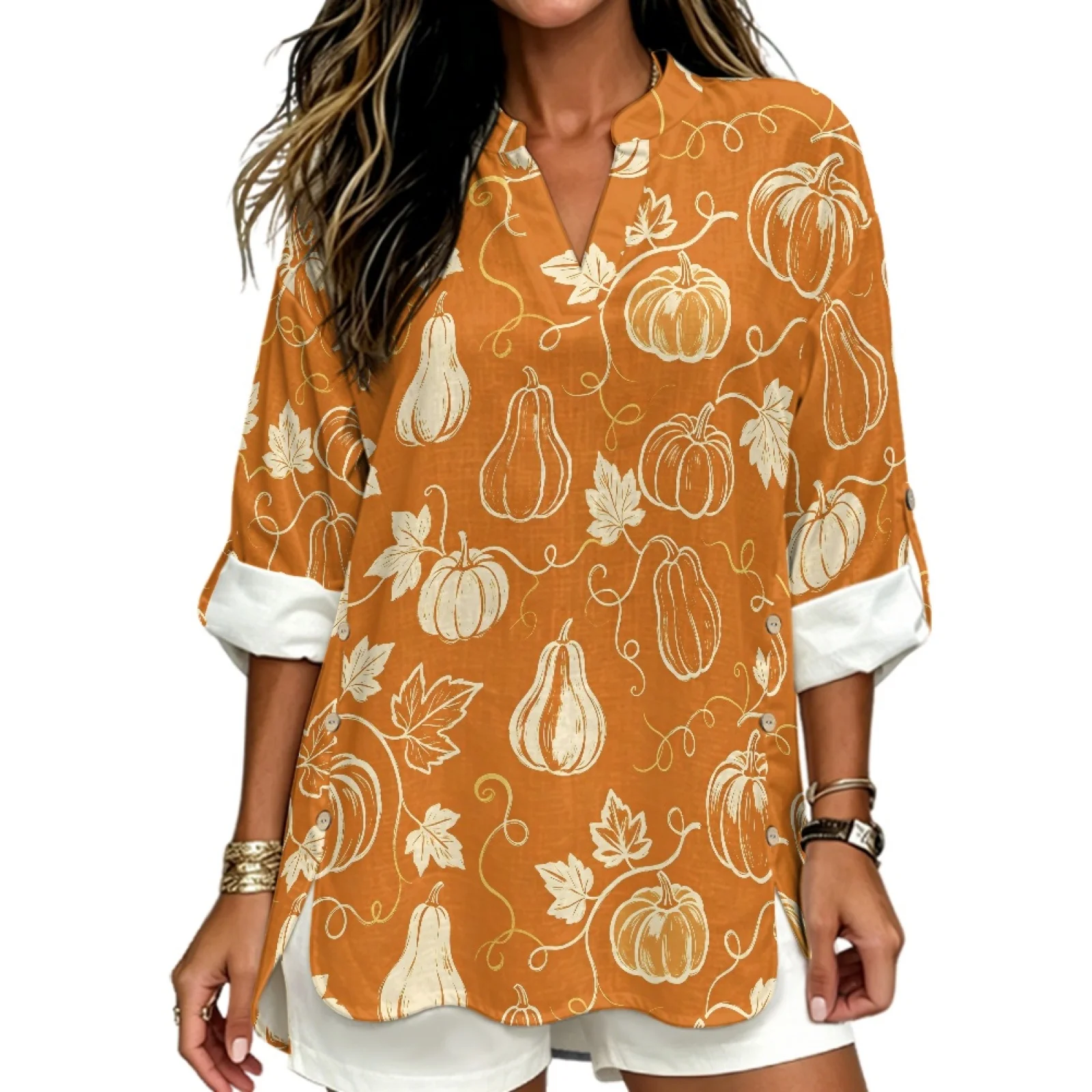 PENSTROLL Stylish Linen Like Casual Long Sleeve Shirts Rolled Cuffed Long Sleeve Tops for Resort Pumpkin Leaf