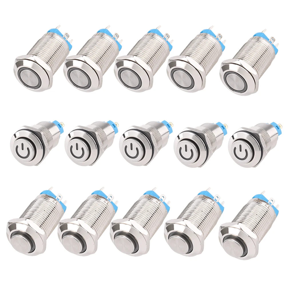 Sliver Push Button Switch 4 Pin 12mm Waterproof Led Light Metal Flat Momentary/Latching Switches with power mark/Ring LED