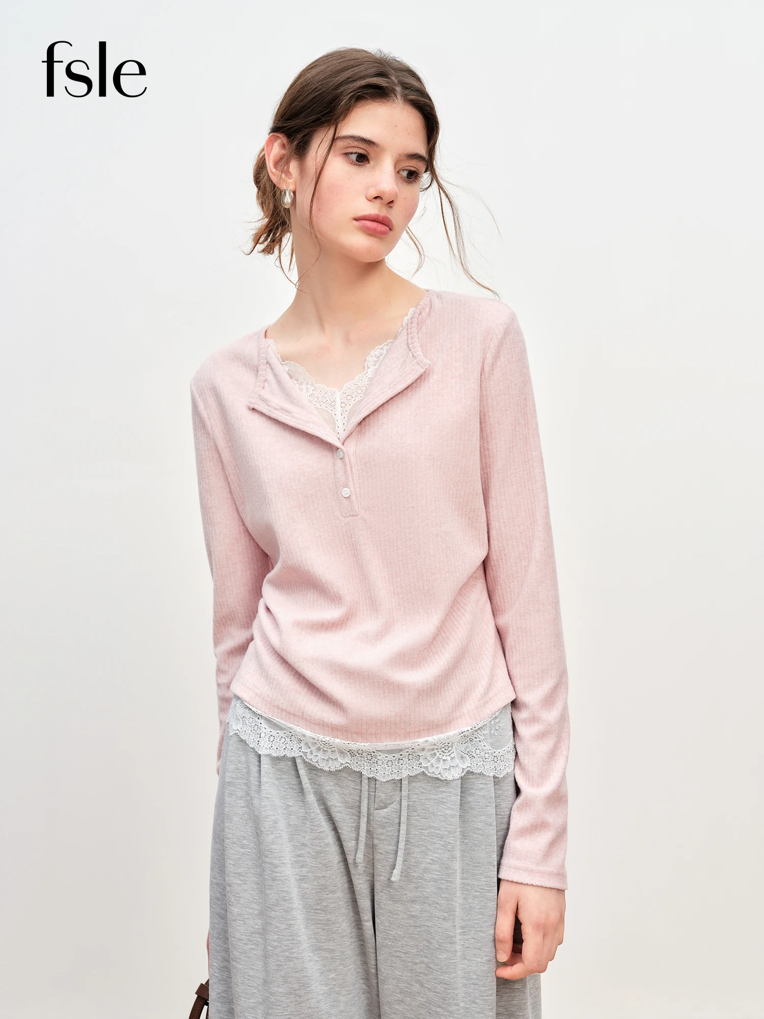 FSLE Autumn Winter 2025 Women's Contoured Fit Mock Layer T-Shirt - Textured Lace Trim Knit Base Top with Slimming Silhouette