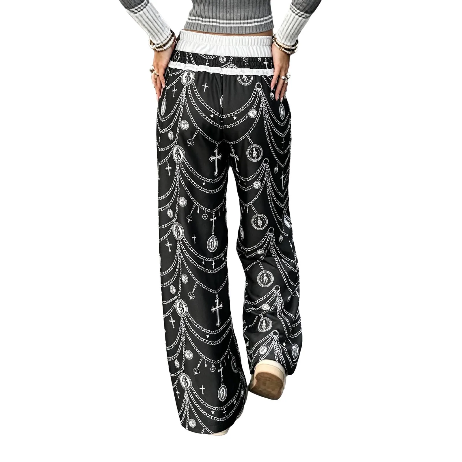 Women Hip-hop Jazz Dance Costume Chain Printed Pants Color-blocked Elastic Waist Trousers Pockets for Skateboarding Sportswear