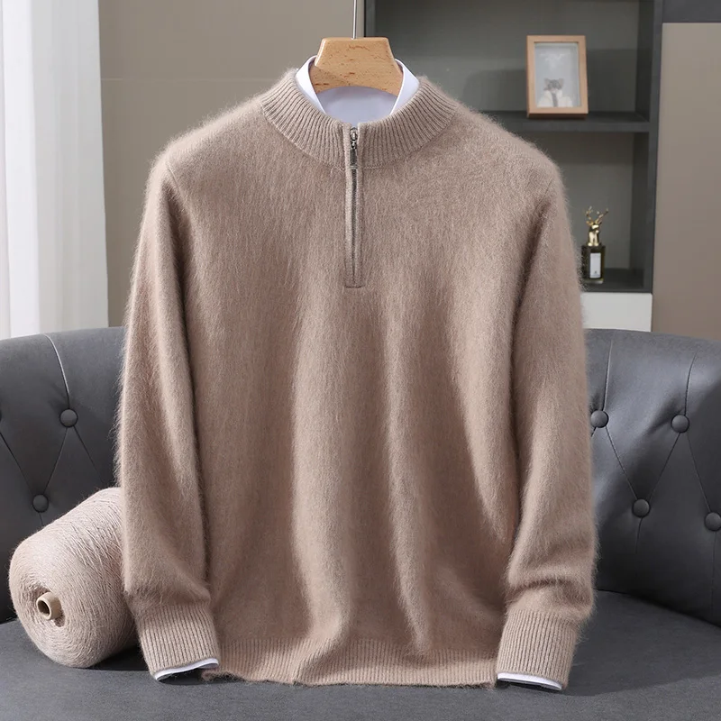 Autumn Winter New Arrival Men's Mink Cashmere Pullover Sweater Half‑Zip Mock Neck Modish Composed Long Sleeve Solid Knit Top