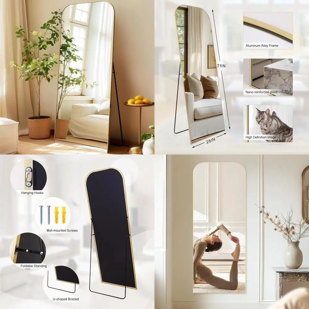 Übergroßer, gewölbter Boden- oder Wandspiegel – Gold-Finish, freistehender Ständer für Wohnzimmer und Schlafzimmer, groß, 71 x 26 Vollspiegel