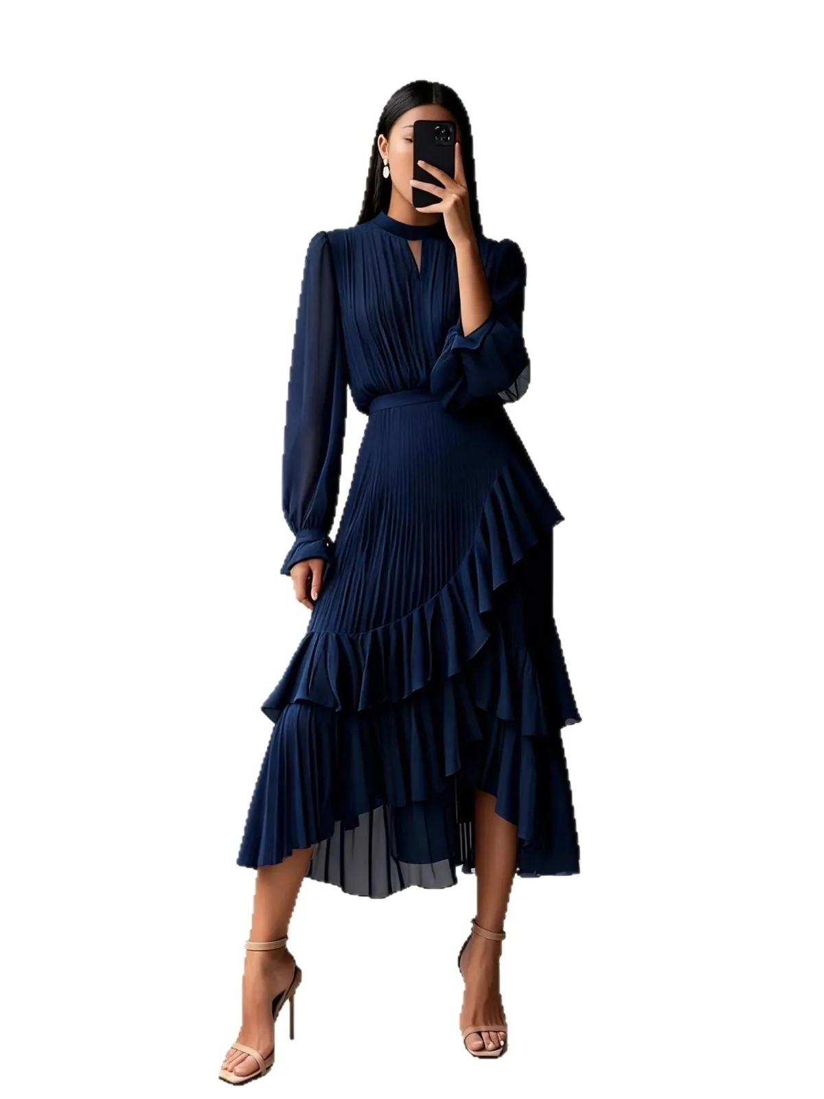 Ele Deep Blue Pure Color Midi Dr with Pleats And Lace Hemline Lady's Faionable European Sle Long Sve Dr