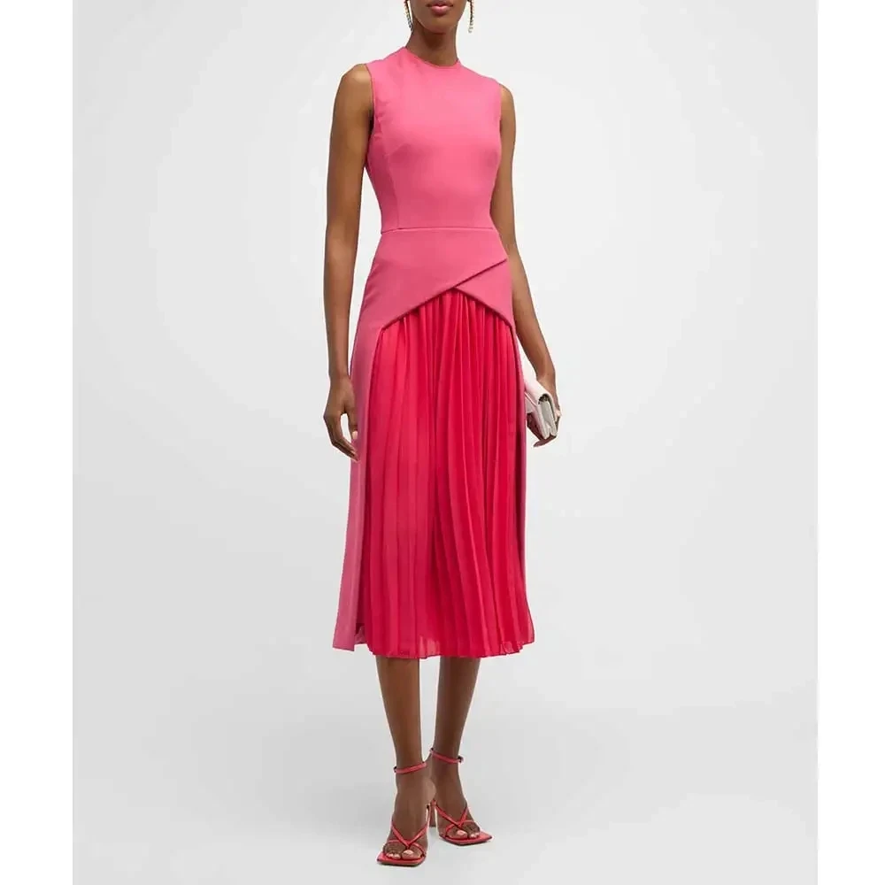 

A-line Skirt Evening Gown Saudi Arabia Porm Dress Pink Chiffon O-Neck Tea-length Pleated Special Occasion Dress فساتين سهر 2024