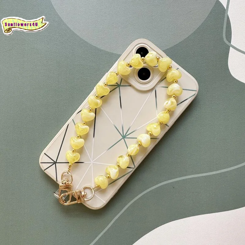 Universal Acrylic Mobile Phone Lanyard Love Heart Pendant Beaded Anti-Lost Strap Fits All Phone Models for Women Use