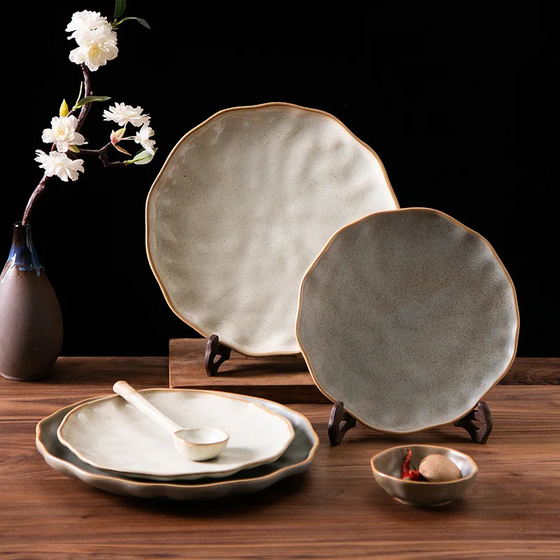 

YFY coarse pottery tableware household retro food steak plate flat pasta plate vegetable