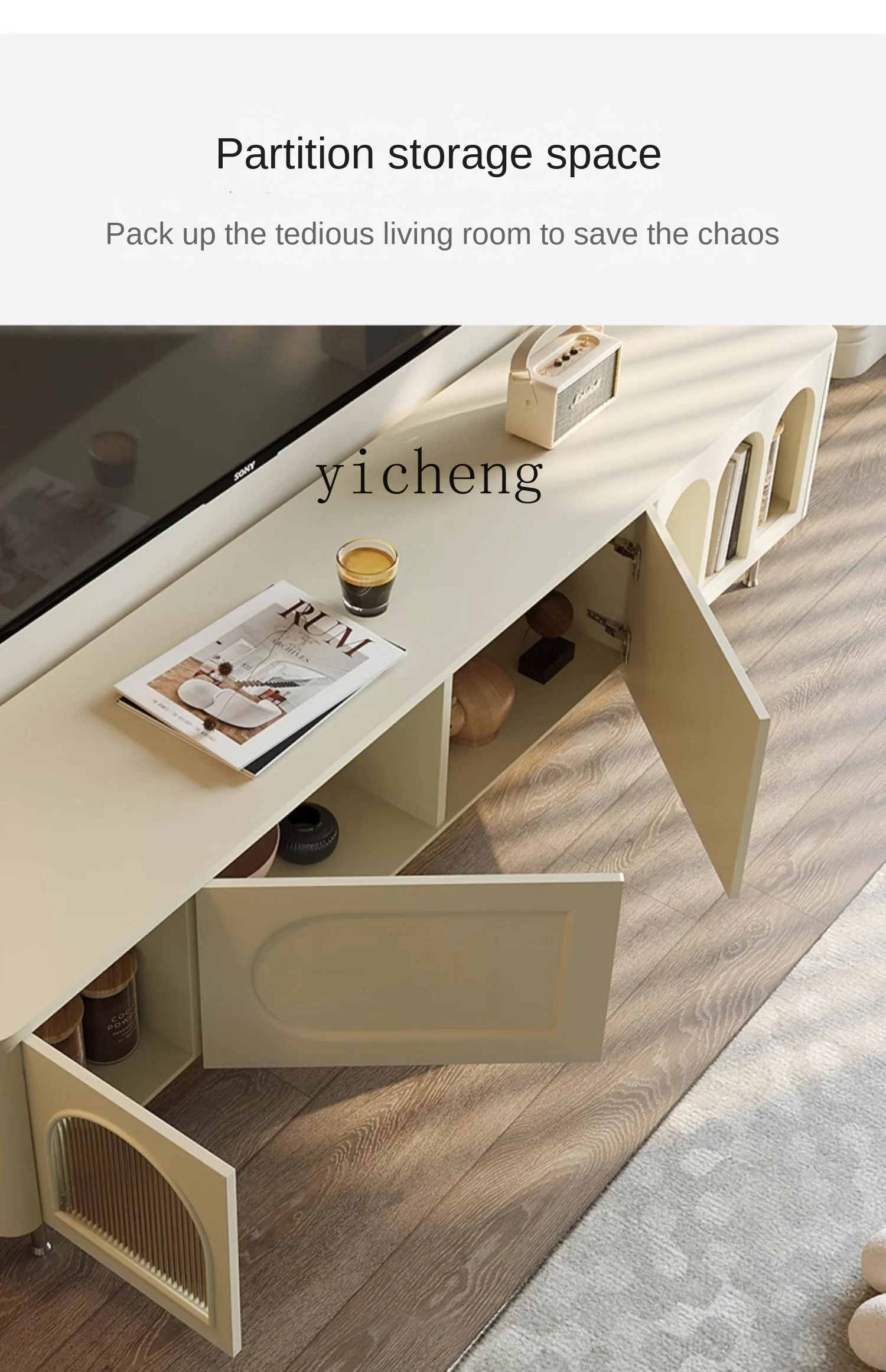 ZF TV Cabinet White Cream Style Living Room Home Tea Table Combination Storage Locker Small Apartment