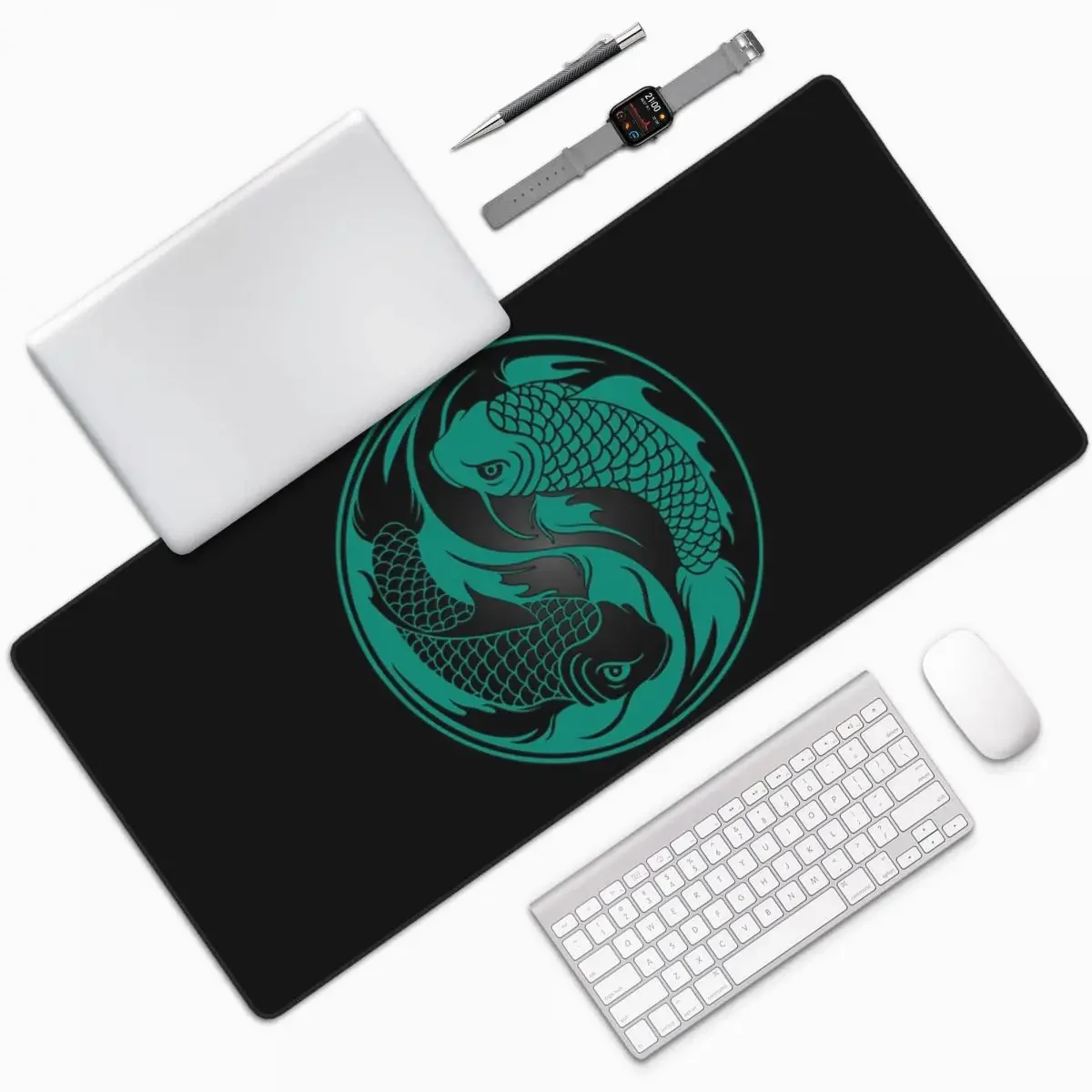 Teal Blue And Black Yin Yang Koi Fish Large Mouse Pad Computer Keyboard Mouse Mat Gamer PC Laptop Desk Mat Office Table Mats