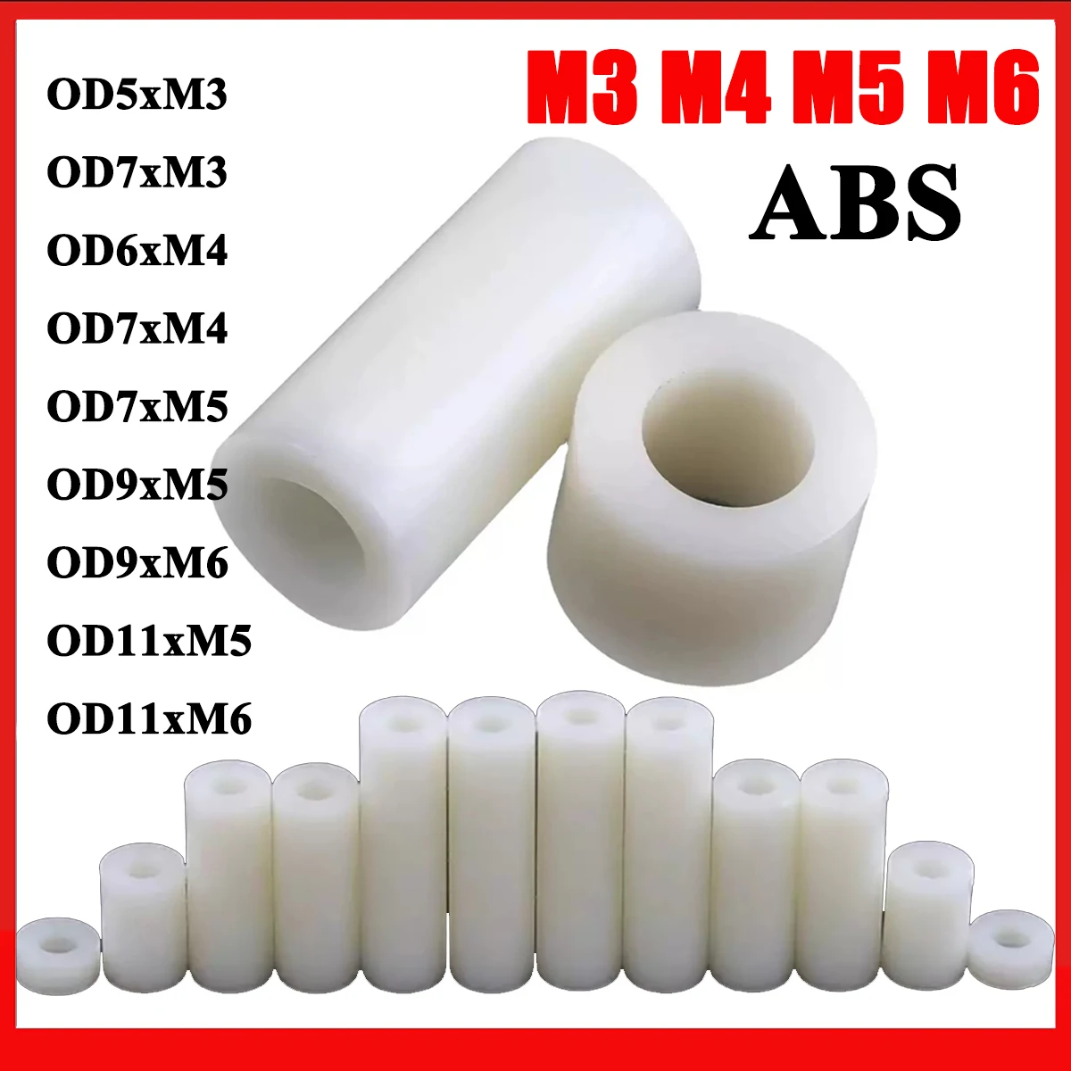 M3 M4 M5 M6 White ABS Isolation Pillar Non-Threaded Hollow Nylon Bushing Round Standoff Washer PCB Support Spacers Length 2-50mm