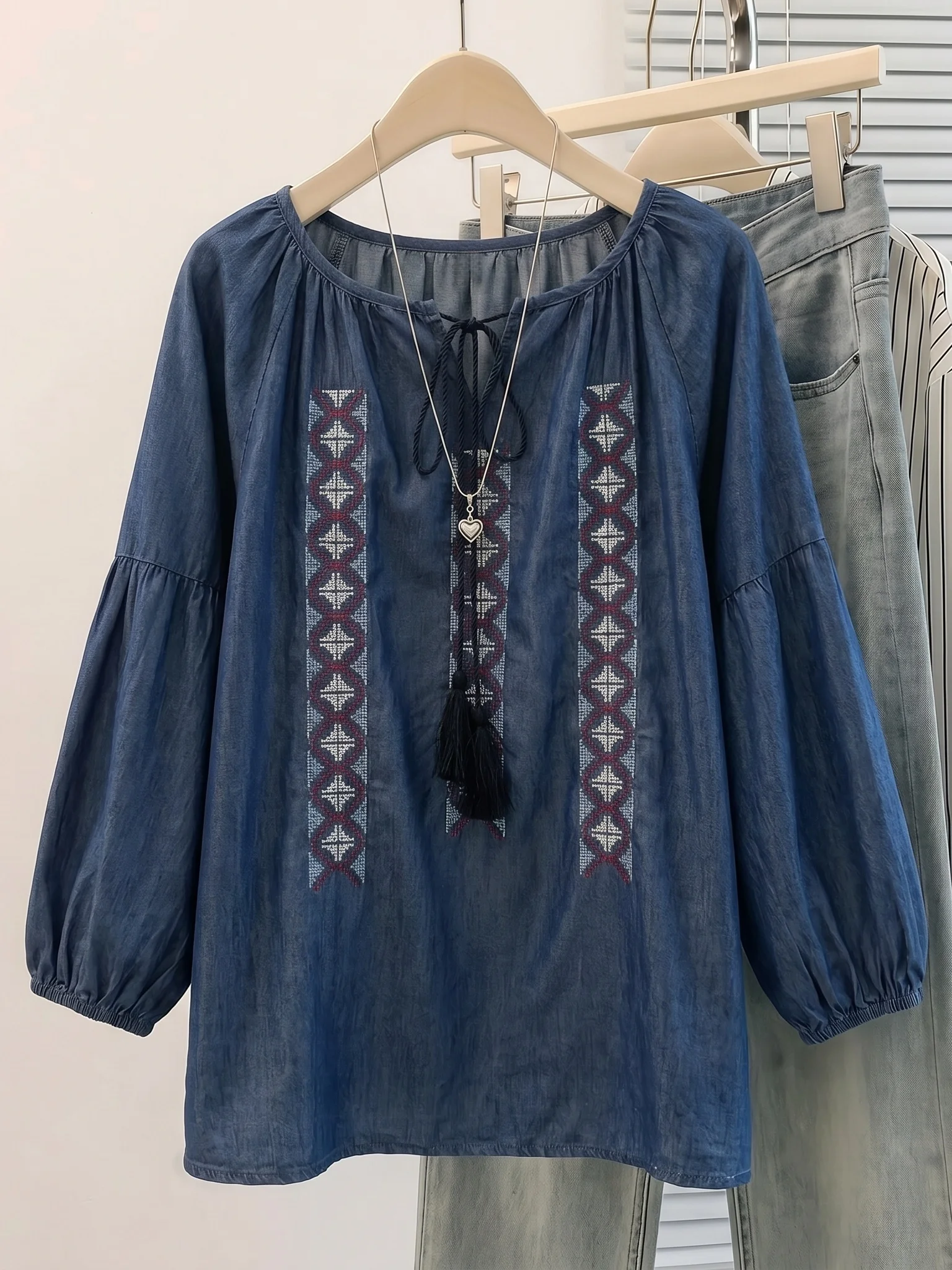 

Ethnic Embroidered Thin Denim Shoulder Shirt Women's Summer New Large Size Plump Seven Sleeve Tops Commute Style Loose Fit