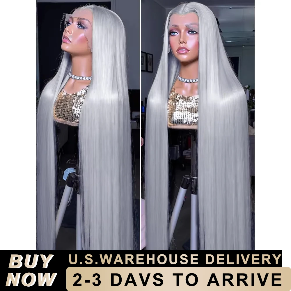 

250% Silver Grey Straight Human Hair Wig 30 34 Inch 13x6 HD Lace Front Wig 13x4 Colored Brazilian Lace Frontal Human Hair Wigs