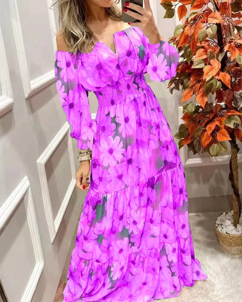 Women\'s Dresses 2022 Summer Vintage Print Off The Shoulder Casual V Neck Long Sleeved Waist Slim Maxi Dress