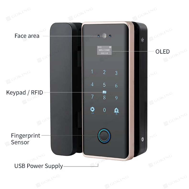 Goking Intelligent Home Electronic Glass Door Lock Face ID Wifi Tuya App Fingerprint Password Digital Keypad Smart Door Lock