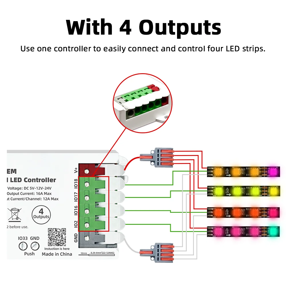 DOMRAEM ESP32 WLED Controller 4-Output 16A Fuse Level Shifter Low Power for WS2811/12B/05/SK6812 Addressable RGB Pixel Lights