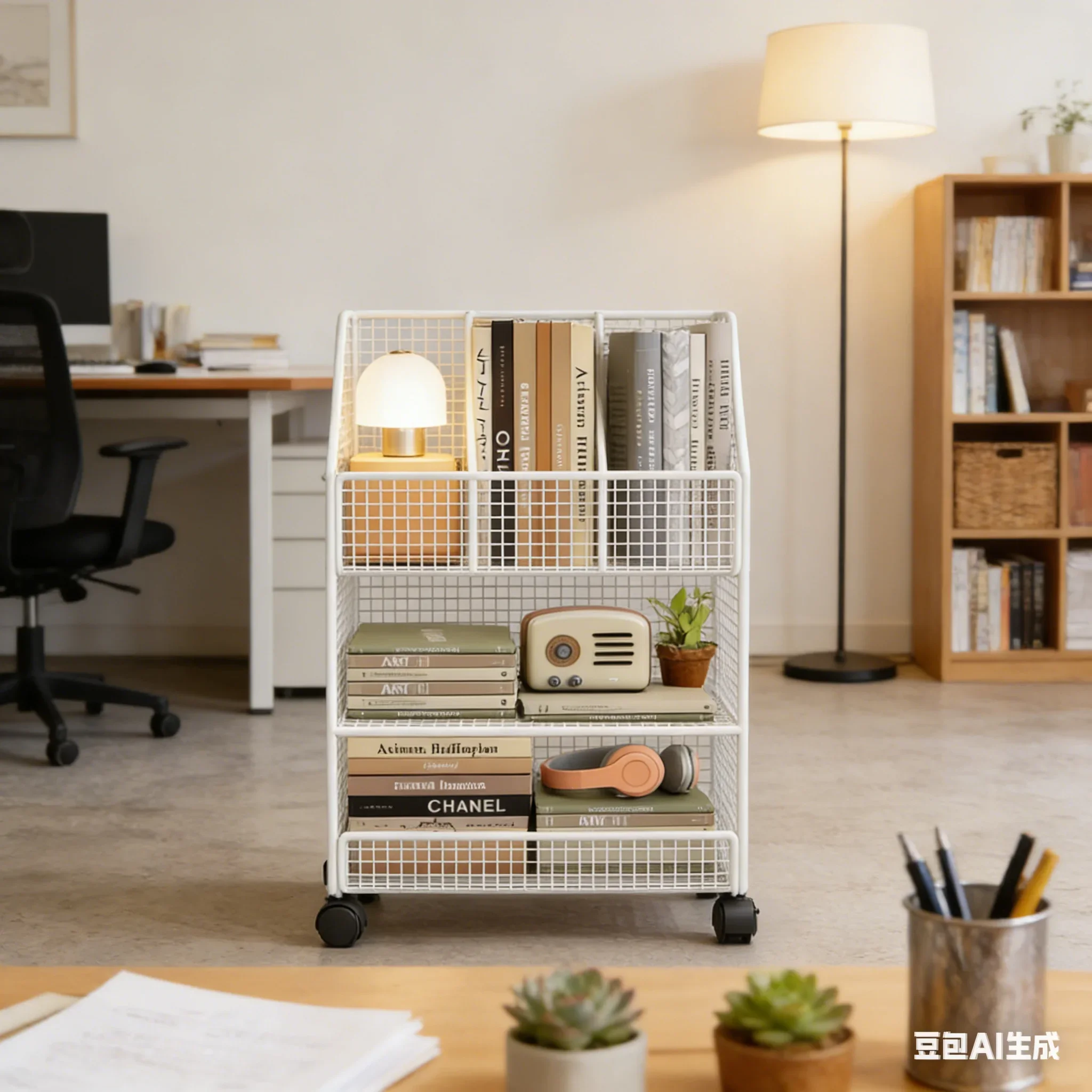 AOLIVIYA Modern Under Desk Storage Rack with Small Bookshelf, Office Side Floor Standing Bookcases on Wheels for Home B952738