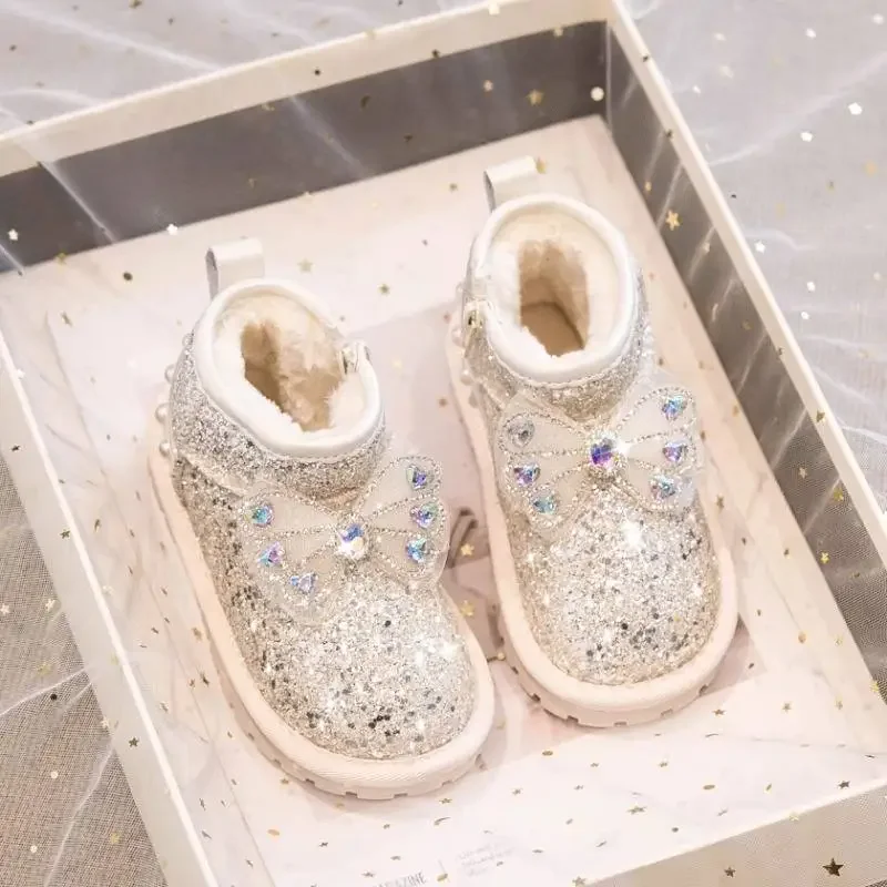 Toddler Girls Winter Snow Boots, Sparkly Sequin Rhinestone Bow Warm Furry Lined Ankle Boots, Anti Slip Kids Boots, Silver Pink