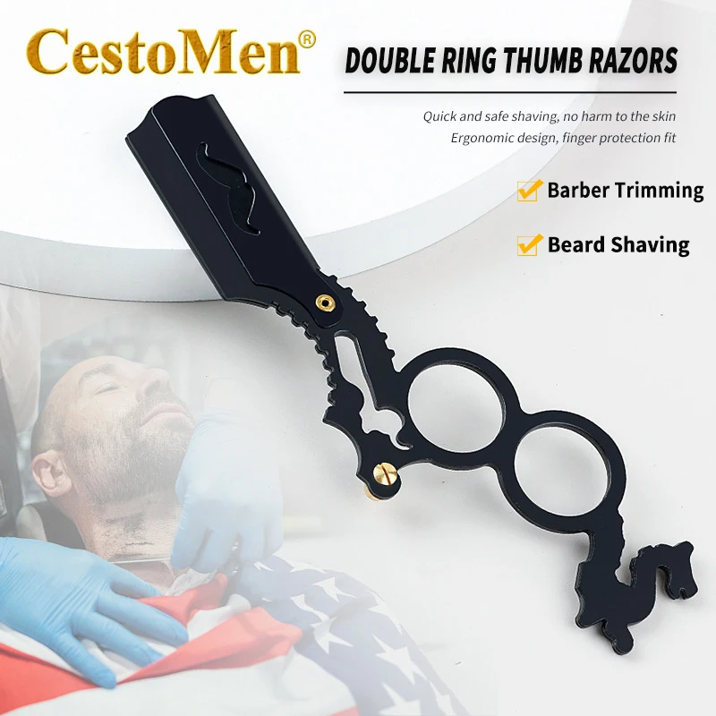

1PC Double Ring Thumb Straight Razors Hairdressing Trimming Haircut Removal Tools Beard Shaving Razor Barber Safety Knife Holder