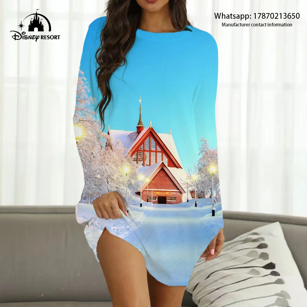 Summer long-sleeved home dress women's round neck pullover to knee dress Frozen 3D cartoon print home dress