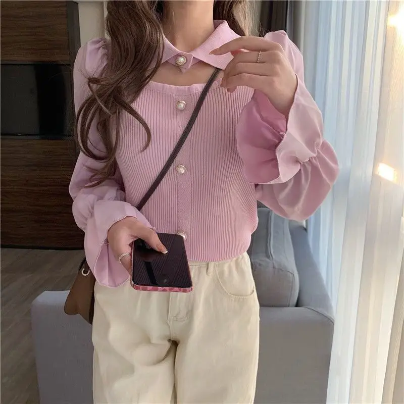 Sweet Korean Patchwork Slim Shirt Tops Spring Autumn Long Sleeve Hollow Out Solid Trend T Shirts Fashion Elegant Women Cloth