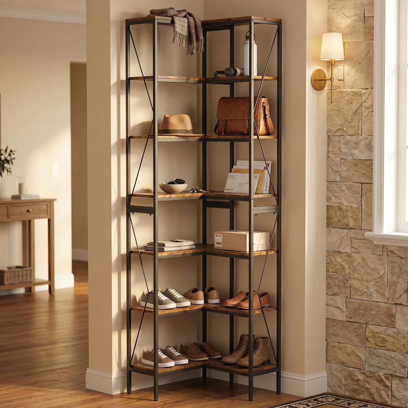 7 Tier Bookshelf Industrial L Shaped Corner Shelf Open Display Rack with Metal Frame for Living Room Home Office Vintage Color