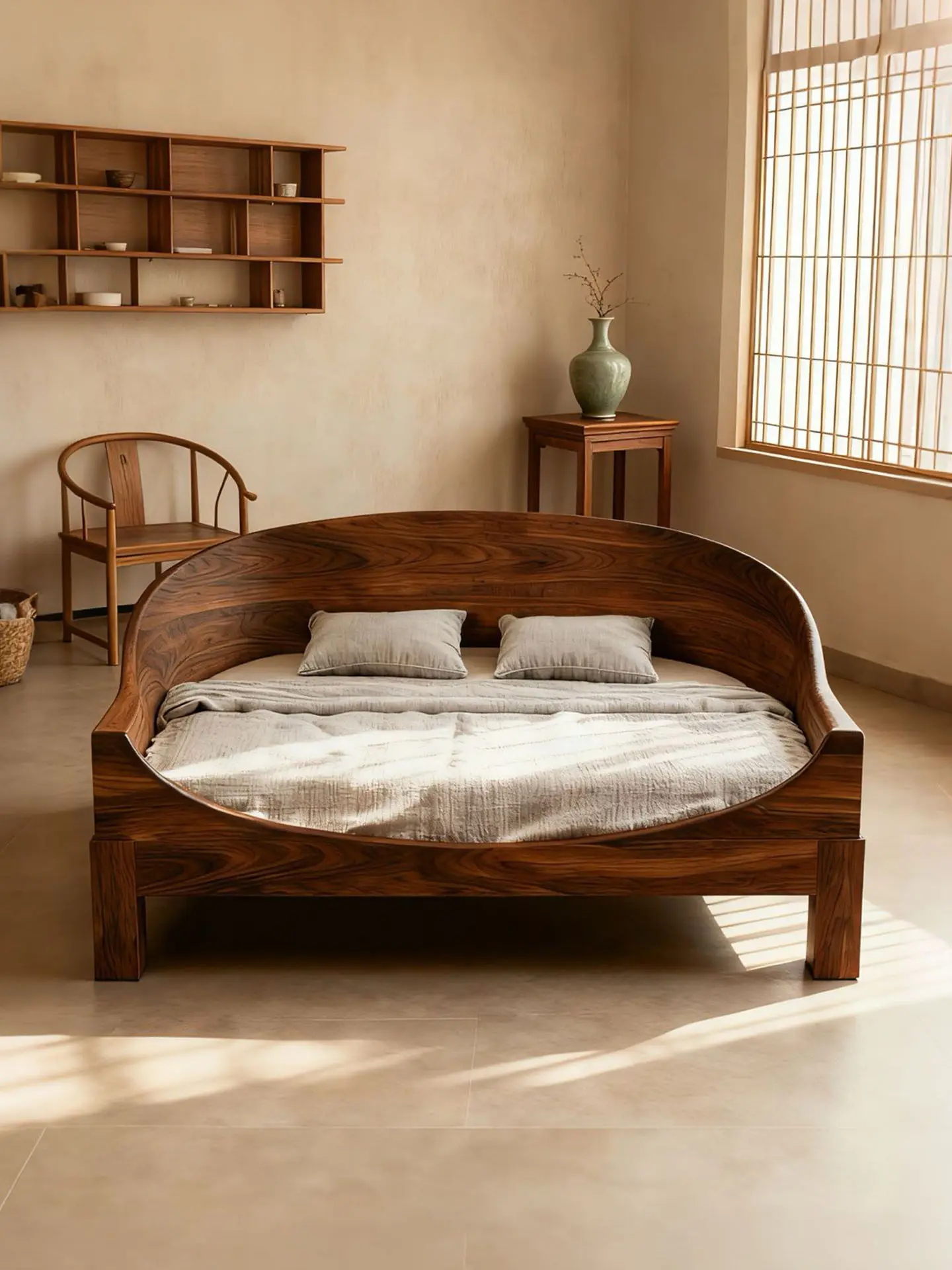 New Chinese ash wood curved bed, all solid wood double bed