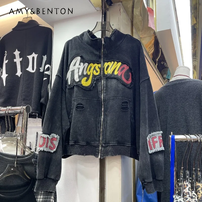 

Autumn Fashion Patchwork Motorcycle Jacket Hooded Zipper Coat Korean Style Casual Stylish Sweatshirts Pullover Kawaii Top Ladies