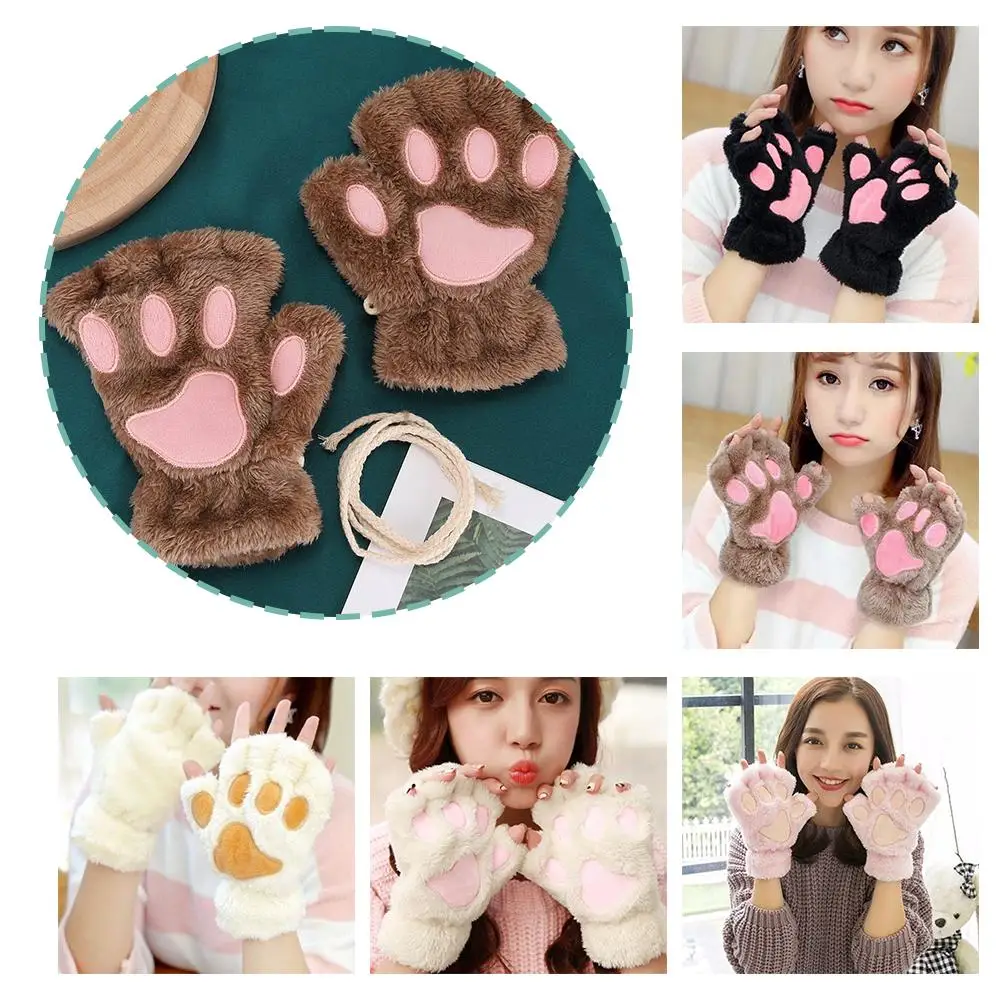 Cartoon Cat Paw Gloves Lovely Plush Half Finger Gloves Short Cute Pure Warm Color Winter Animal Mittens Soft Fluffy X4L9