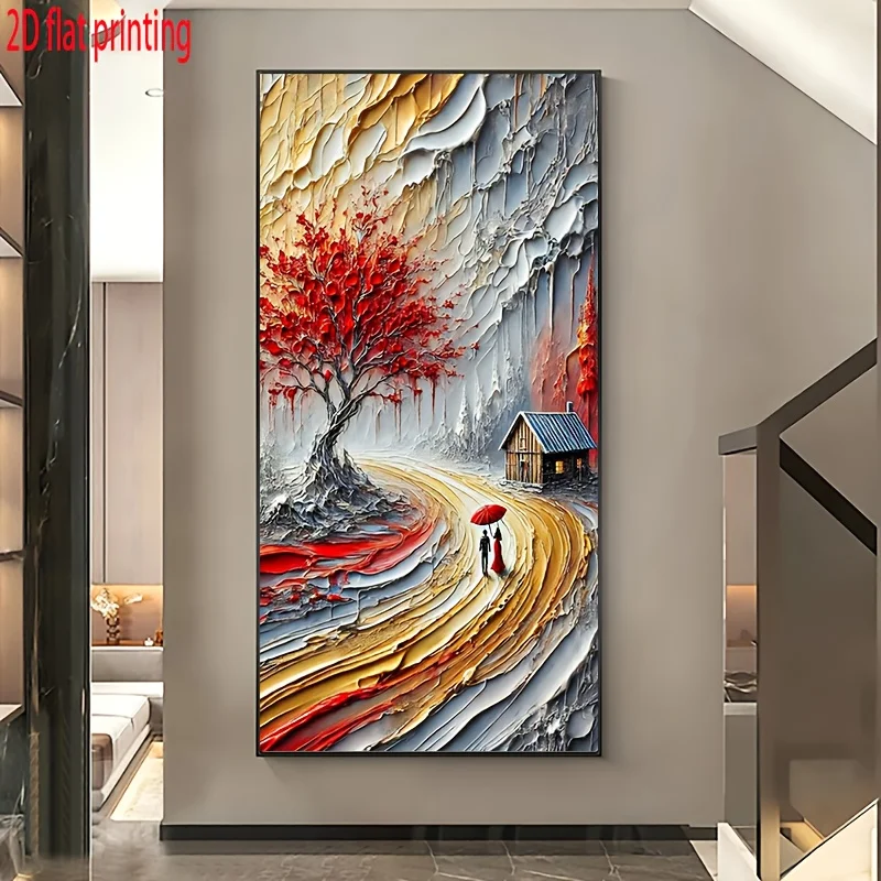 

2D/Flat Large Abstract People, Houses & Large Red Tree Canvas Wall Art - Frameless Colorful Canvas Prints for Living Room Decor