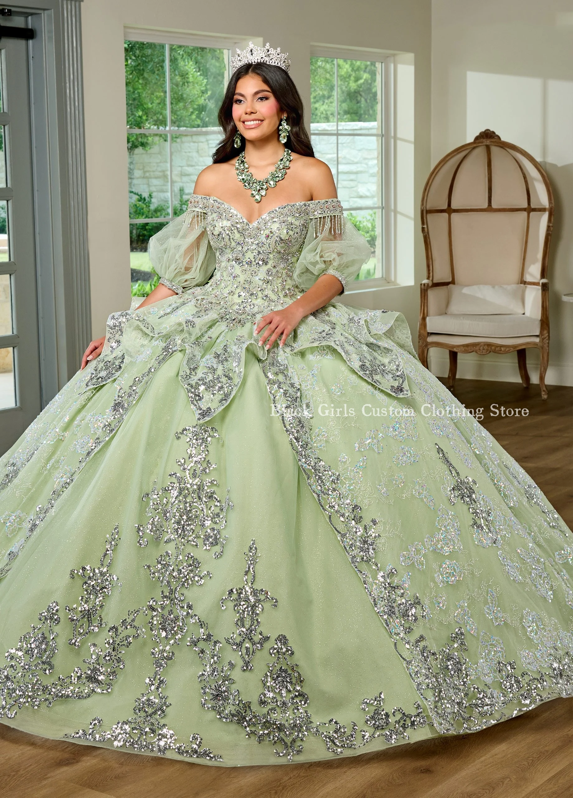 Exquisitos vestidos de baile verde claro, vestido elegante de un hombro con incrustaciones de cuentas, tul, una palabra, tutú de princesa, 15