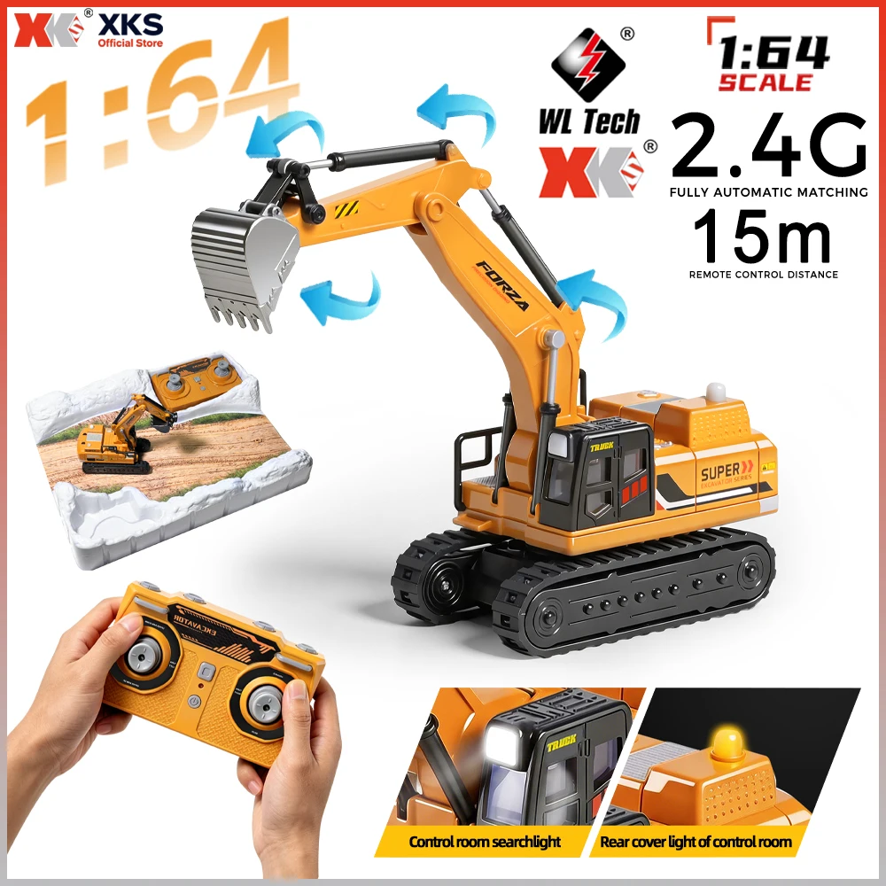 New WLtoys XKS 6402 1/64 Mini Alloy RC Excavator 340° Rotatable Cabin with Sound LED Light Desktop Engineering Vehicle Toy Gift